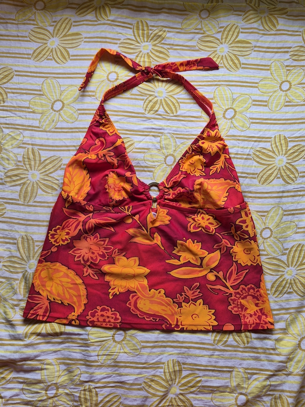 Red & Orange Floral Halter One-Piece Swim Top